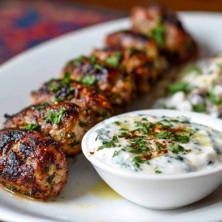 Golden chicken kofta skewers served with creamy garlic yogurt sauce and fresh herbs on a rustic plate.