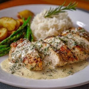Golden pan-seared chicken breasts smothered in creamy Boursin garlic herb sauce, garnished with fresh herbs.