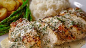 Golden pan-seared chicken breasts smothered in creamy Boursin garlic herb sauce, garnished with fresh herbs.