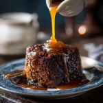 Decadent sticky toffee pudding drizzled with rich caramel sauce, served warm with a scoop of vanilla ice cream.