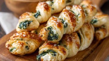 Golden puff pastry twists filled with spinach and feta cheese, baked until flaky and crisp, served on a platter.