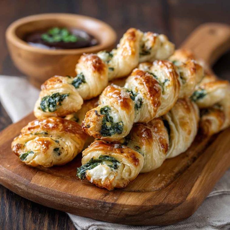 Golden puff pastry twists filled with spinach and feta cheese, baked until flaky and crisp, served on a platter.