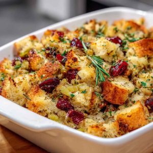 Homemade Thanksgiving stuffing baked golden in a casserole dish, filled with bread cubes, herbs, celery, and onions.