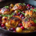 One-pan cranberry rosemary chicken baked golden with fresh rosemary sprigs, cranberries, and a savory glaze in a skillet.