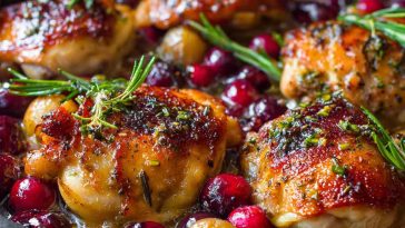 One-pan cranberry rosemary chicken baked golden with fresh rosemary sprigs, cranberries, and a savory glaze in a skillet.