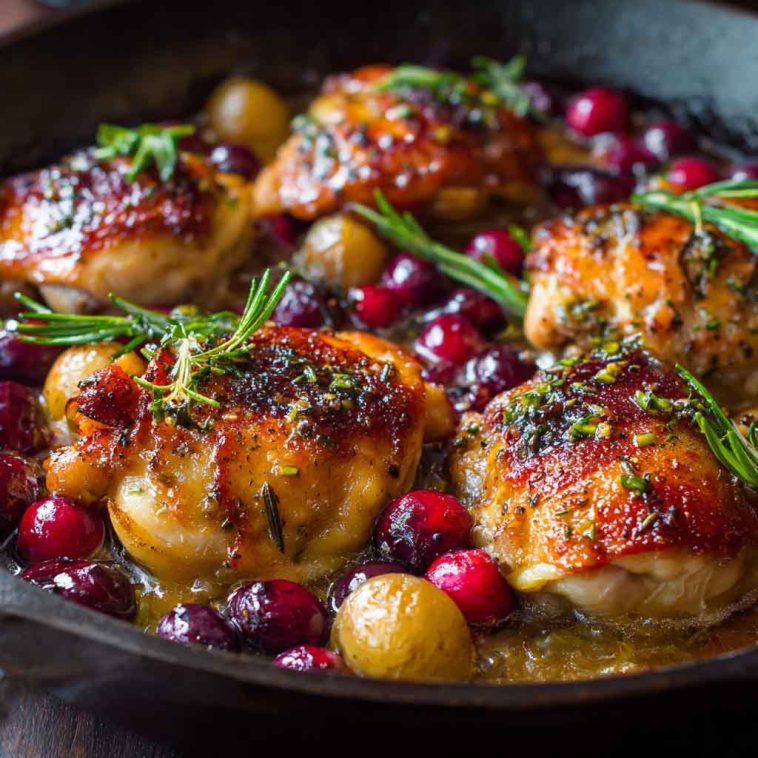 One-pan cranberry rosemary chicken baked golden with fresh rosemary sprigs, cranberries, and a savory glaze in a skillet.