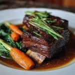 Slow-roasted Asian beef short ribs glazed with a caramelized soy-ginger sauce, garnished with scallions and sesame seeds.