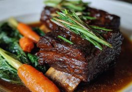 Slow-roasted Asian beef short ribs glazed with a caramelized soy-ginger sauce, garnished with scallions and sesame seeds.