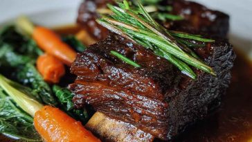 Slow-roasted Asian beef short ribs glazed with a caramelized soy-ginger sauce, garnished with scallions and sesame seeds.