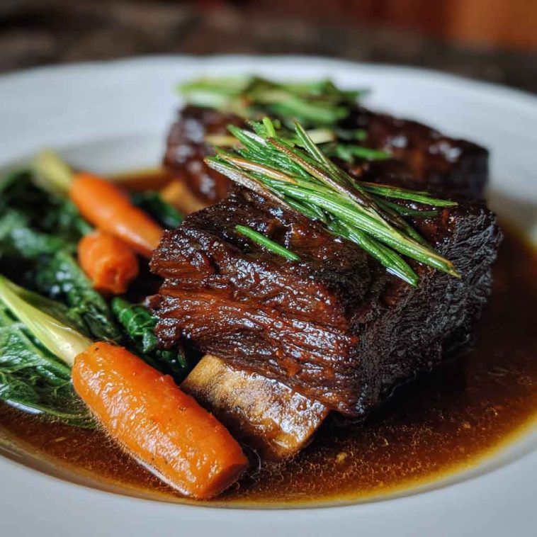 Slow-roasted Asian beef short ribs glazed with a caramelized soy-ginger sauce, garnished with scallions and sesame seeds.