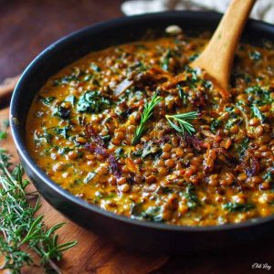 A bowl of creamy “Marry Me” lentils with a golden, velvety sauce, garnished with fresh herbs and served with crusty bread.
