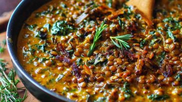 A bowl of creamy “Marry Me” lentils with a golden, velvety sauce, garnished with fresh herbs and served with crusty bread.