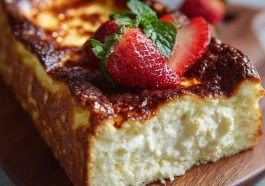 A golden, caramelized Basque cheesecake baked in a loaf pan, sliced to reveal its creamy center and rustic edges.