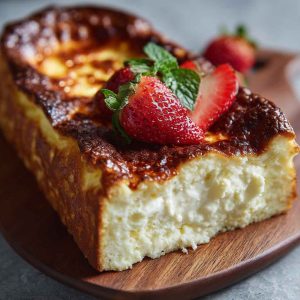 A golden, caramelized Basque cheesecake baked in a loaf pan, sliced to reveal its creamy center and rustic edges.