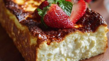 A golden, caramelized Basque cheesecake baked in a loaf pan, sliced to reveal its creamy center and rustic edges.