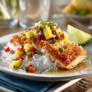 Golden coconut-crusted salmon fillets topped with bright pineapple salsa, garnished with cilantro and lime wedges.