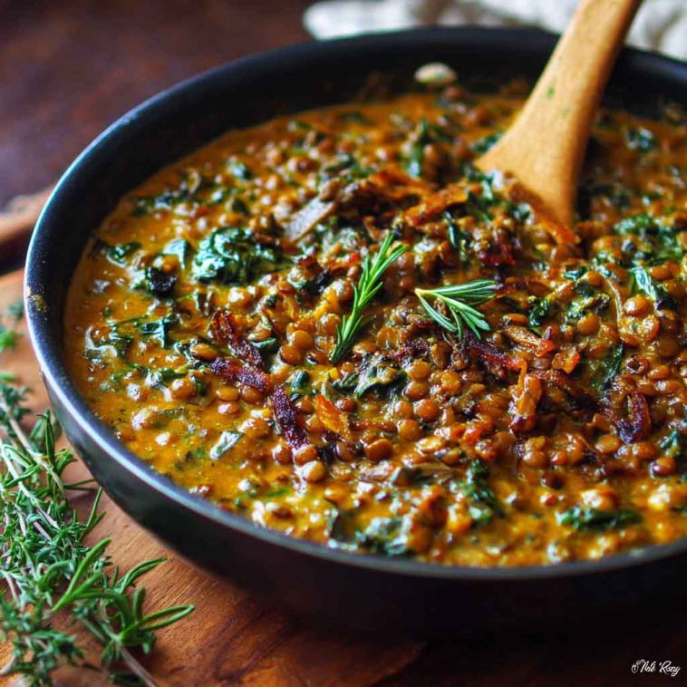 A bowl of creamy “Marry Me” lentils with a golden, velvety sauce, garnished with fresh herbs and served with crusty bread.