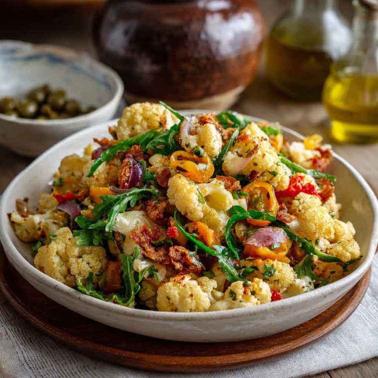 A colorful Sicilian cauliflower salad with roasted cauliflower florets, olives, capers, cherry tomatoes, and fresh parsley, drizzled with olive oil.