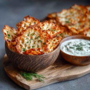 A tray of golden, crispy cottage cheese chips baked to perfection, served with a side of dip.