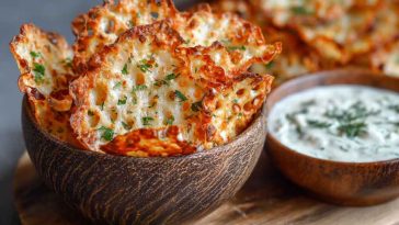 A tray of golden, crispy cottage cheese chips baked to perfection, served with a side of dip.