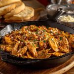 A sizzling skillet of Texas Roadhouse-style butter chicken with creamy sauce, golden seared chicken, and fresh herbs.