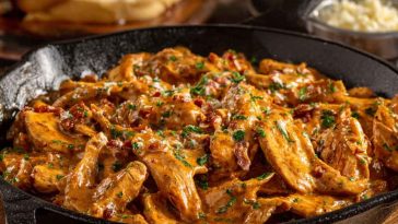 A sizzling skillet of Texas Roadhouse-style butter chicken with creamy sauce, golden seared chicken, and fresh herbs.
