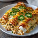 Cheesy chicken enchiladas topped with jalapeños, melted cheese, and creamy sauce in a baking dish