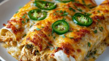 Cheesy chicken enchiladas topped with jalapeños, melted cheese, and creamy sauce in a baking dish