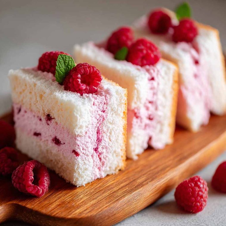 Light and fluffy raspberry angel food cake topped with fresh raspberries and a drizzle of raspberry sauce.