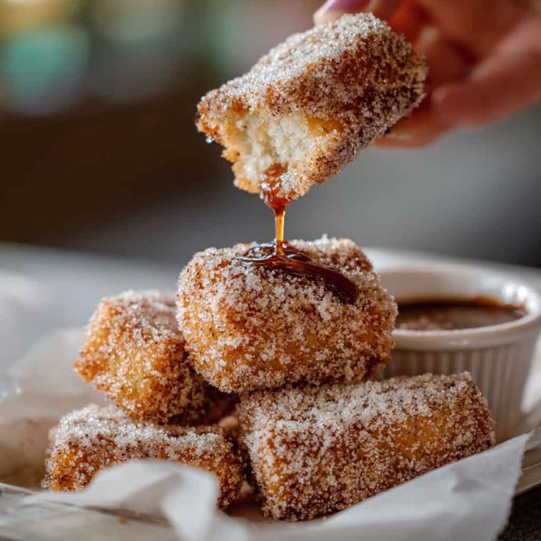 Crispy angel cake churro bites coated in cinnamon sugar, served in a bowl with dipping sauce.