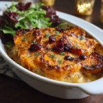 Sweet potato and cranberry gratin baked golden with layers of tender sweet potatoes, tart cranberries, and creamy sauce in a casserole dish.