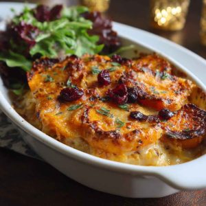 Sweet potato and cranberry gratin baked golden with layers of tender sweet potatoes, tart cranberries, and creamy sauce in a casserole dish.