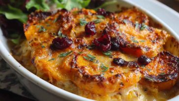 Sweet potato and cranberry gratin baked golden with layers of tender sweet potatoes, tart cranberries, and creamy sauce in a casserole dish.