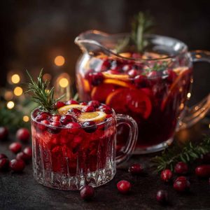 Midnight Frost Christmas punch served in a festive glass bowl with sparkling cranberries, citrus slices, and frosty garnish.