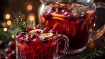 Midnight Frost Christmas punch served in a festive glass bowl with sparkling cranberries, citrus slices, and frosty garnish.