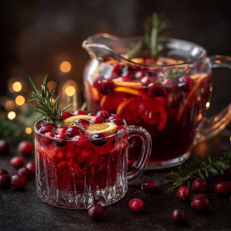 Midnight Frost Christmas punch served in a festive glass bowl with sparkling cranberries, citrus slices, and frosty garnish.