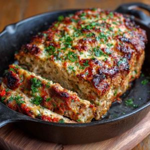 Golden parmesan chicken meatloaf sliced on a platter, topped with melted cheese and fresh herbs.