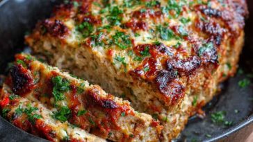 Golden parmesan chicken meatloaf sliced on a platter, topped with melted cheese and fresh herbs.