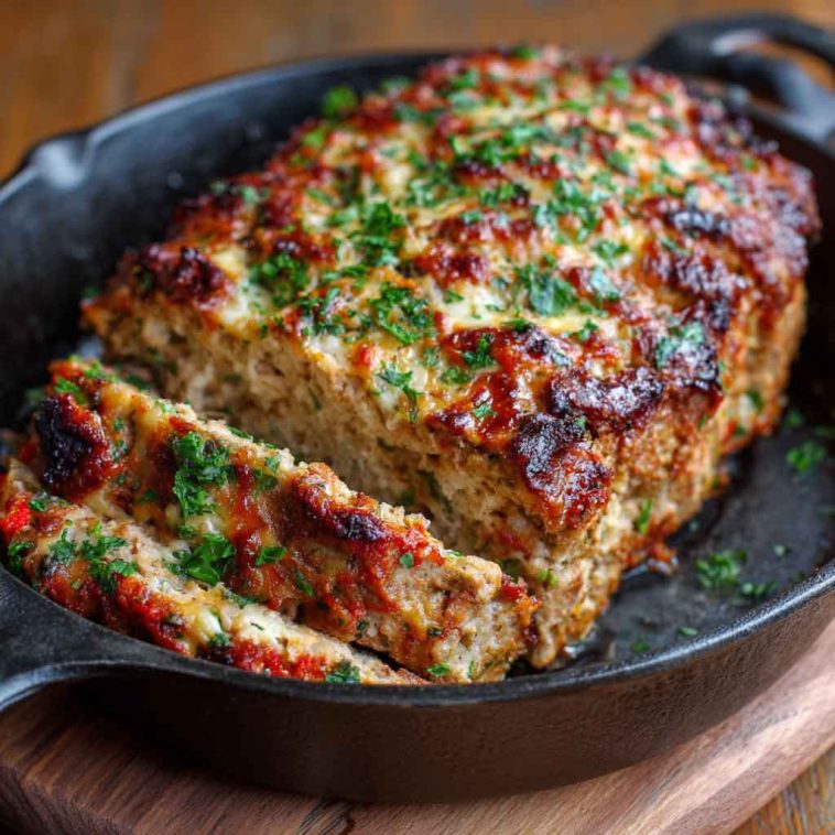Golden parmesan chicken meatloaf sliced on a platter, topped with melted cheese and fresh herbs.