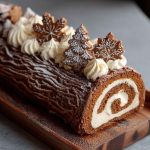 Festive gingerbread yule log cake rolled with spiced cream filling, topped with powdered sugar and holiday decorations.