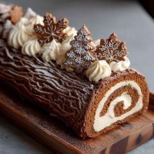 Festive gingerbread yule log cake rolled with spiced cream filling, topped with powdered sugar and holiday decorations.