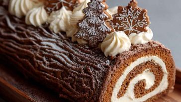 Festive gingerbread yule log cake rolled with spiced cream filling, topped with powdered sugar and holiday decorations.
