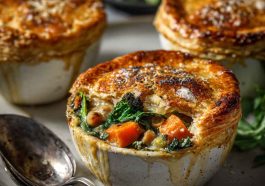 Mini pot pies filled with roasted autumn vegetables in a creamy sauce, topped with golden puff pastry and fresh thyme.