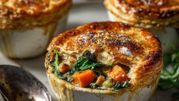 Mini pot pies filled with roasted autumn vegetables in a creamy sauce, topped with golden puff pastry and fresh thyme.
