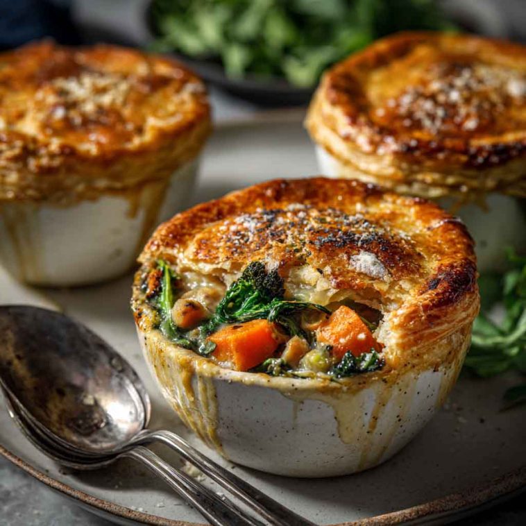 Mini pot pies filled with roasted autumn vegetables in a creamy sauce, topped with golden puff pastry and fresh thyme.
