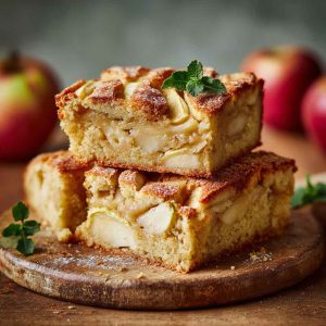 A golden slice of Dorset apple traybake with tender apple layers and a soft sponge, dusted with powdered sugar and served with tea.
