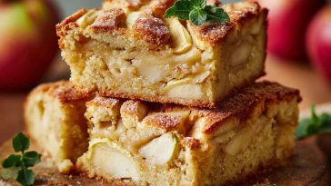 A golden slice of Dorset apple traybake with tender apple layers and a soft sponge, dusted with powdered sugar and served with tea.