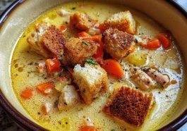 A steaming bowl of Italian Penicillin Soup filled with shredded chicken, pastina, carrots, and herbs in golden broth.