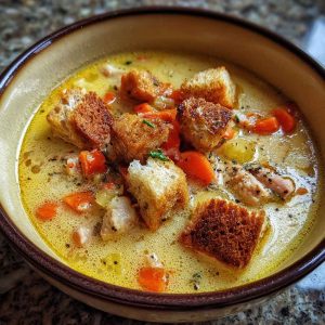 A steaming bowl of Italian Penicillin Soup filled with shredded chicken, pastina, carrots, and herbs in golden broth.