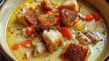A steaming bowl of Italian Penicillin Soup filled with shredded chicken, pastina, carrots, and herbs in golden broth.